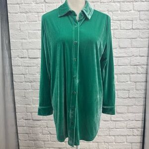 Soft Surroundings Green Velvet Boyfriend Tunic Shirt M Relaxed Fit Long Sleeves